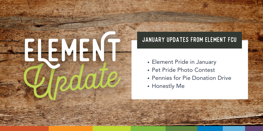 Element Update. January Updates from Element FCU. Element Pride in January. Pet Pride photo contest. Pennies for Pie Donation drive. Honestly Me.